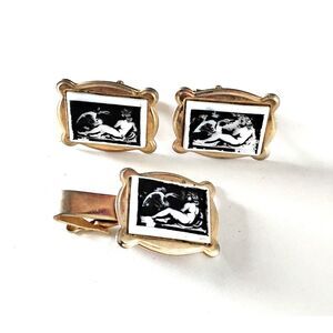 Leda and The Swan Vintage Cufflinks and Tie Bar Set, Mid Century